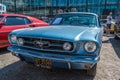 Vintage blue Ford Mustang car at Motorclassica